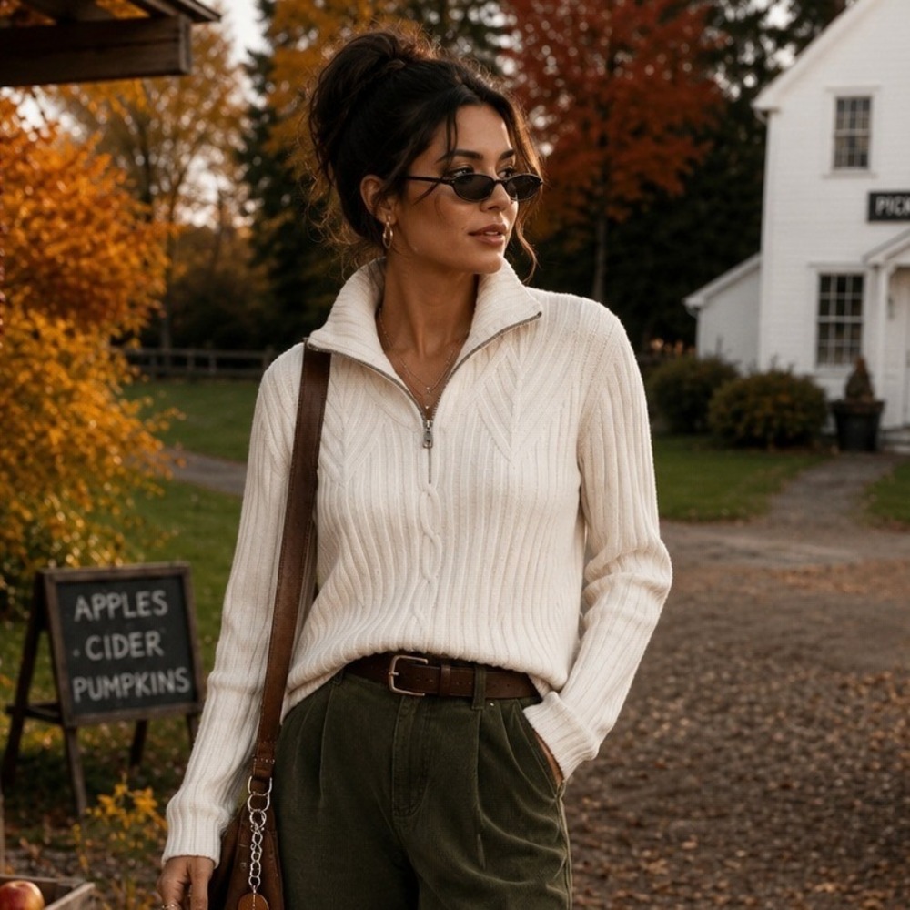 Ralph Lauren Womens Cream Ribbed Cable Knit Quarter Zip Cotton Sweater Large